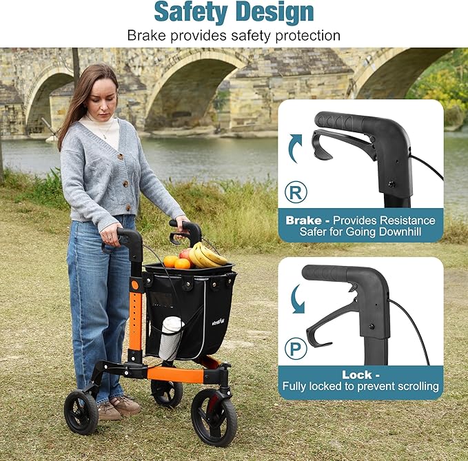 3 Wheel Walkers for Seniors, Foldable Rollator Walker with Tray & Large Storage Bag, 10" Big Wheel for All Terrain, 350 lb Weight Capacity, Orange