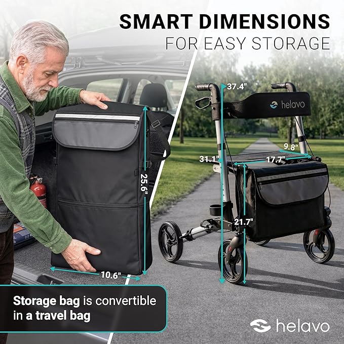 Helavo Foldable Rollator with Seat - Lightweight Aluminum Rolling Walker for Seniors and Adults
