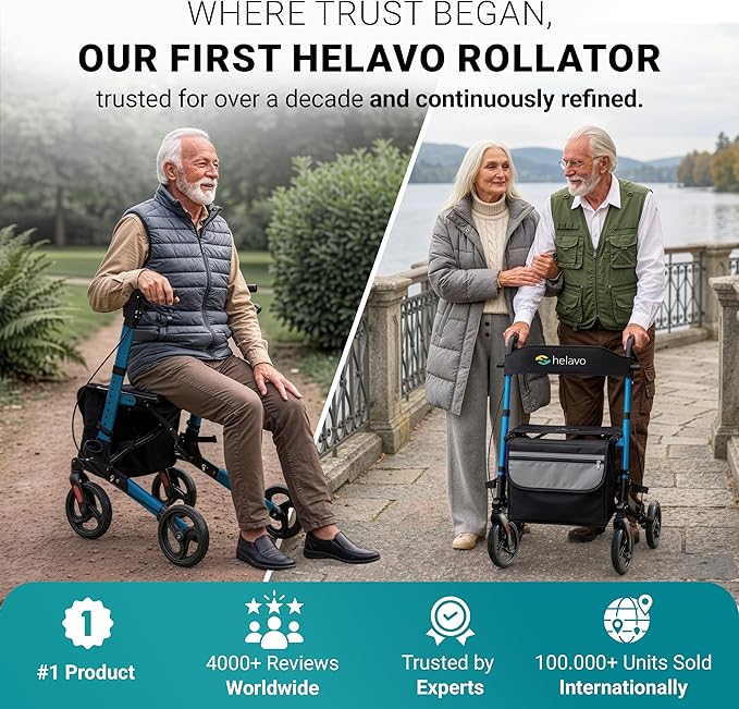 Helavo Foldable Rollator with Seat - Lightweight Aluminum Rolling Walker for Seniors and Adults