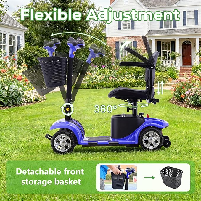 Mobility Scooter for Adults, 4 Wheels Lightweight Scooter, Foldable Mobility Scooter Long Range for Travel, Adults, Elderly, Supports 300 lbs, Powered Wheelchair with Charger & Basket (Blue)