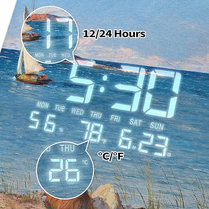 12'' Double Sided 90° Corner Wall Clock, Coastal Oil Painting, Radar Motion Activated, Analog & LED Display with Temp Humidity Date Day, Silent Non-Ticking Plug-in for Beach House Cabin