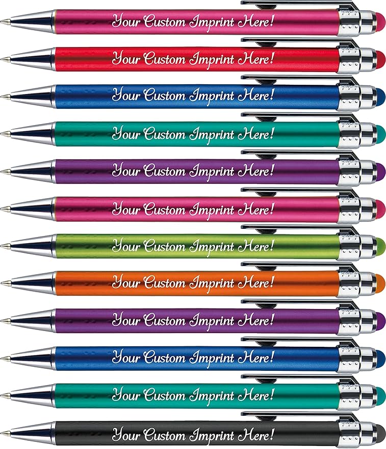 Personalized Pens with Stylus Tip -Bright Vibes- Click action - Custom - Black writing - Printed Name pens - Imprinted with Your Logo or Message - FREE PERSONALIZATION - 12 Pens/Box (Red)