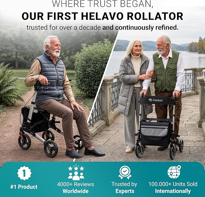 Helavo Foldable Rollator with Seat - Lightweight Aluminum Rolling Walker for Seniors and Adults