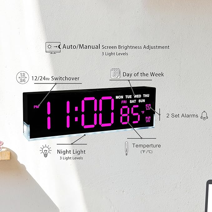 45MinST 7-Inch LED Digital Alarm Clock with Bottom Glow Light｜Displays Time, Date, Day, Temperature ｜Dual Alarms, DST,Auto/Manual 3-Level Brightness,Battery or USB Powered Desk Clock,Rose Red