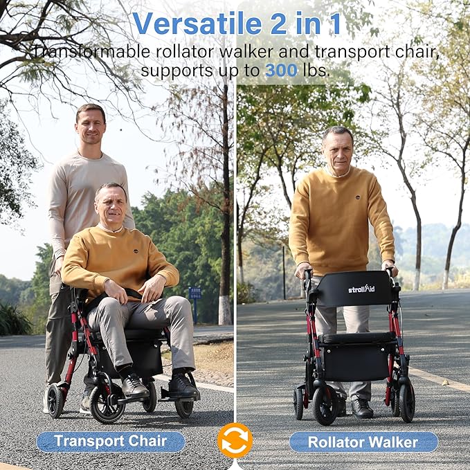 Walkers for Seniors with Seat, Walker Wheelchair Combo, 2 in 1 Rolling Walker Transport Wheelchair Lightweight Foldable, 10" Big Wheels Transport Chair with Brakes,Red