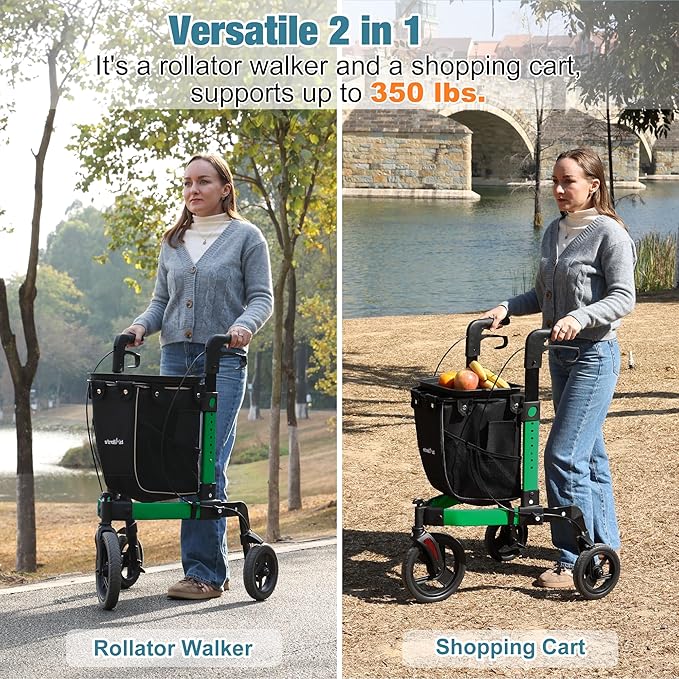 3 Wheel Walkers for Seniors, Foldable Rollator Walker with Tray & Large Storage Bag, 10" Big Wheel for All Terrain, 350 lb Weight Capacity, Green