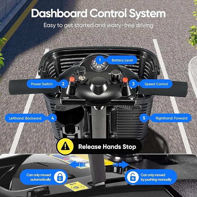 3 Wheel Mobility Scooters for Adults，Collapsible Electric Powered Wheelchair，Portable Compact Motorized Scooter for Travel，Long Range Power，Battery with Charger，Basket and Cup Holder (Black)