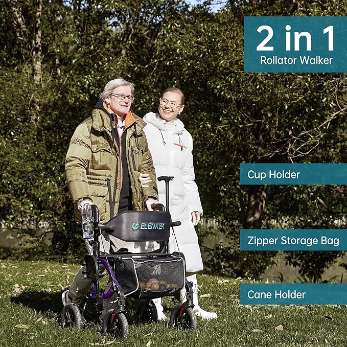 ELENKER All-Terrain 2 in 1 Rollator Walker & Transport Chair, Folding Wheelchair with 10” Non-Pneumatic Wheels for Seniors, Reversible Backrest & Detachable Footrests, Purple
