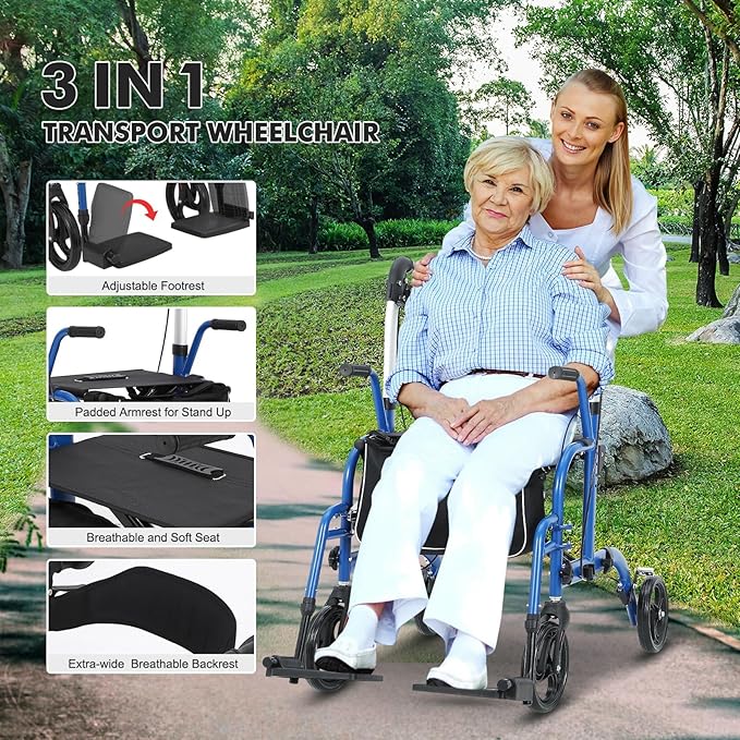 Walker for Seniors,Folding Walker and Transport Wheelchair Combo for Seniors - Lightweight Aluminum All-Terrain Rollator with Seat, Backrest, Hand Brakes & Footrests