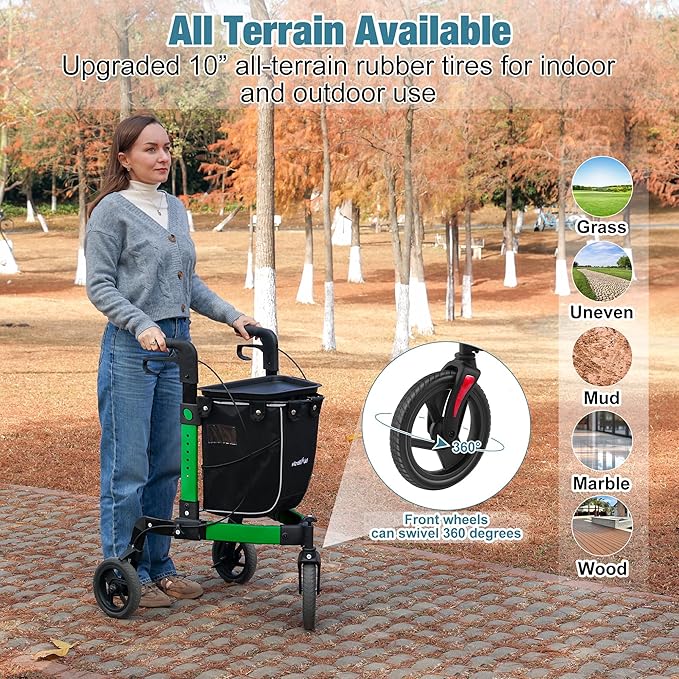 3 Wheel Walkers for Seniors, Foldable Rollator Walker with Tray & Large Storage Bag, 10" Big Wheel for All Terrain, 350 lb Weight Capacity, Green