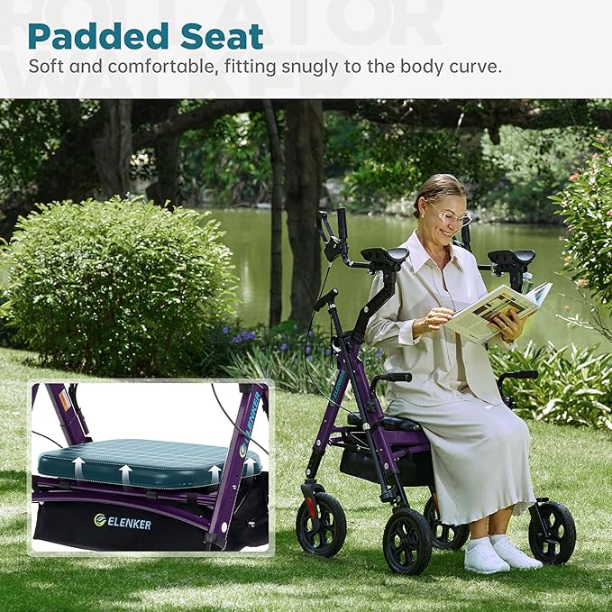 ELENKER All Terrain Heavy Duty Upright Walker with Extra Wide Seat, Foldable Aluminum Bariatric Stand Up Rolling Walker, 10” Wheels, Fully Adjustment Frame, Support up to 500 lbs for Seniors, Purple