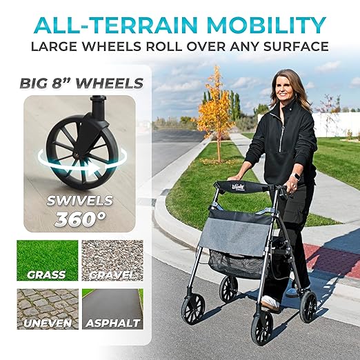 Stander Wonder Rollator Plus with 8-inch All-Terrain Wheels, Lightweight Folding Rolling Walker with Seat, Locking Brakes and Backrest, EZ Fold-N-Go-Rollator for Seniors and Adults, Black Walnut