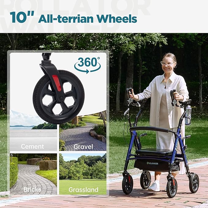ELENKER All Terrain Heavy Duty Upright Walker with Extra Wide Seat, Foldable Aluminum Bariatric Stand Up Rolling Walker, 10” Wheels, Fully Adjustment Frame, Support up to 500 lbs for Seniors, Blue