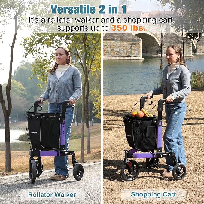 3 Wheel Walkers for Seniors, Foldable Rollator Walker with Tray & Large Storage Bag, 10" Big Wheel for All Terrain, 350 lb Weight Capacity, Purple