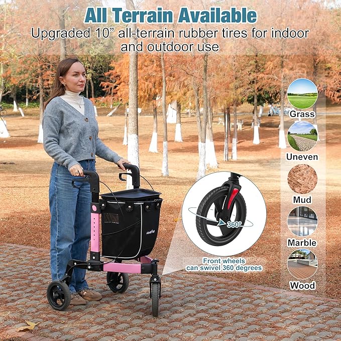 3 Wheel Walkers for Seniors, Foldable Rollator Walker with Tray & Large Storage Bag, 10" Big Wheel for All Terrain, 350 lb Weight Capacity, Pink