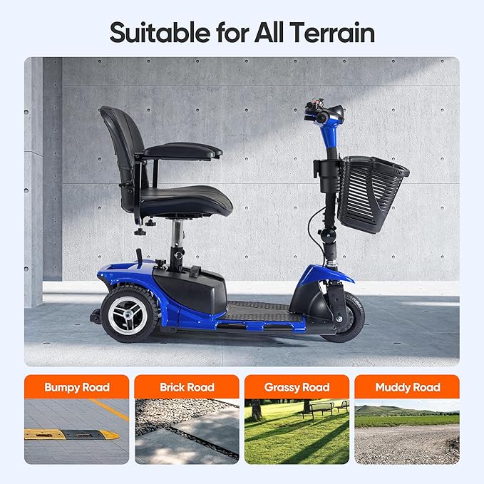 3 Wheel Mobility Scooters for Adults，Collapsible Electric Powered Wheelchair，Portable Compact Motorized Scooter for Travel，Long Range Power，Battery with Charger，Basket and Cup Holder (Blue)