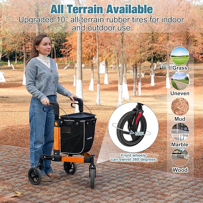 3 Wheel Walkers for Seniors, Foldable Rollator Walker with Tray & Large Storage Bag, 10" Big Wheel for All Terrain, 350 lb Weight Capacity, Orange