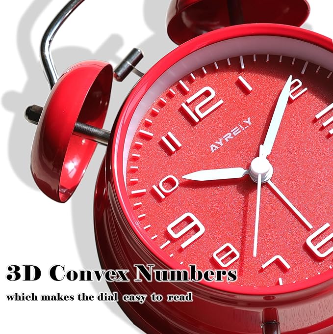 AYRELY® Super Loud Twin Bell Alarm Clock for Heavy Sleepers Adults, 4-Inch Retro Silent Non-Ticking with Night-Light, 3D Raised Number Dial, Battery Operated for Bedroom Bedside (3D Dial – Red)