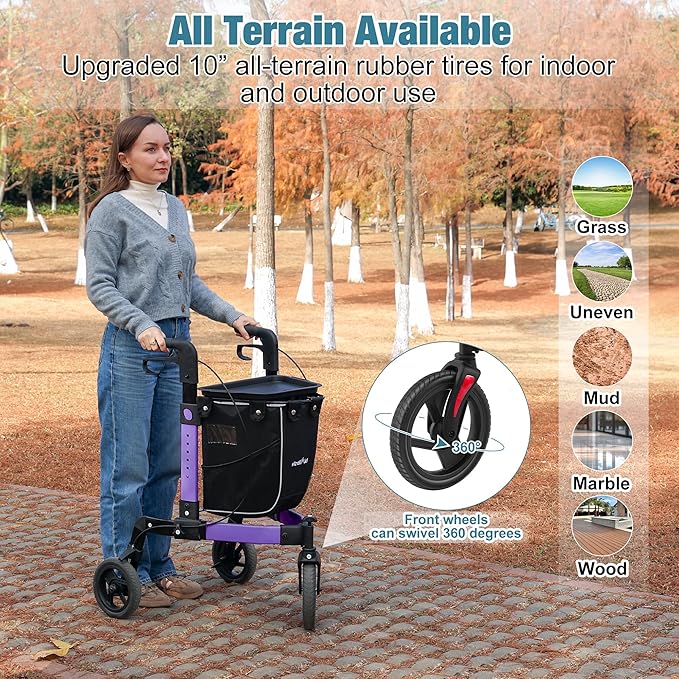 3 Wheel Walkers for Seniors, Foldable Rollator Walker with Tray & Large Storage Bag, 10" Big Wheel for All Terrain, 350 lb Weight Capacity, Purple