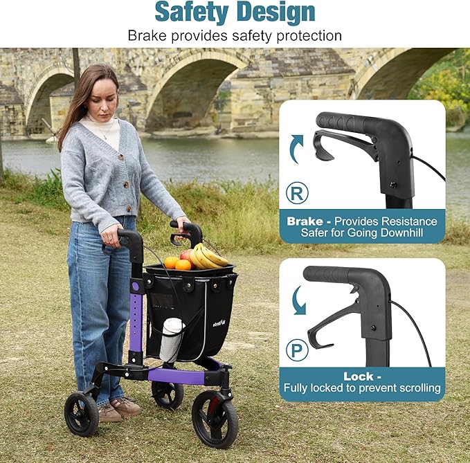3 Wheel Walkers for Seniors, Foldable Rollator Walker with Tray & Large Storage Bag, 10" Big Wheel for All Terrain, 350 lb Weight Capacity, Purple