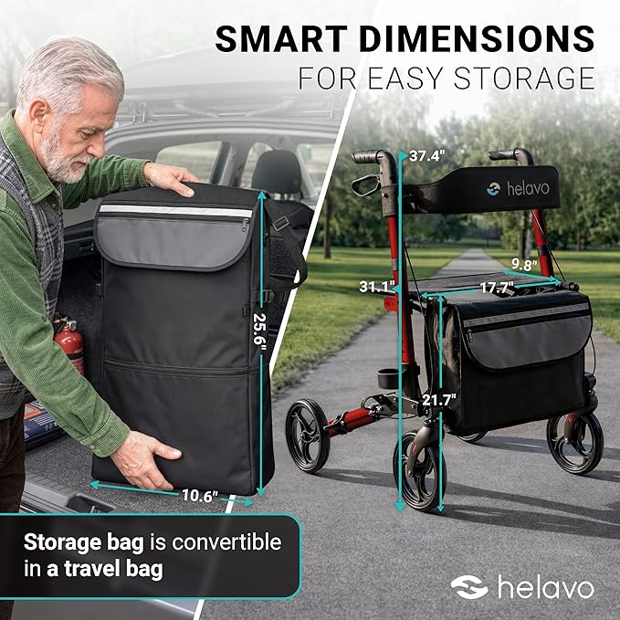 Helavo Foldable Rollator with Seat – 360° Swivel 8" Wheels, 24.8" Wide - Lightweight Aluminum Rolling Walker for Seniors and Adults with Adjustable Height