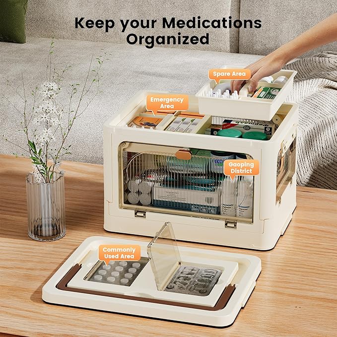 Medicine Box Cabinet Organizer - Empty First Aid Kit Storage, Clear Plastic Portable Container, 3 Tier Pill Bottle Medical Supply Case with Handle, Medication Caddy Chest