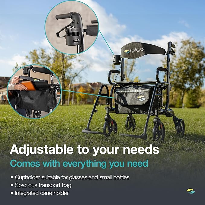 Helavo 2 in 1 Walker Wheelchair Combo - Foldable Aluminum Rollator with Footrests - Convertible to a Transport Chair, 300 lbs Load Capacity - Maximum Mobility in All Situations