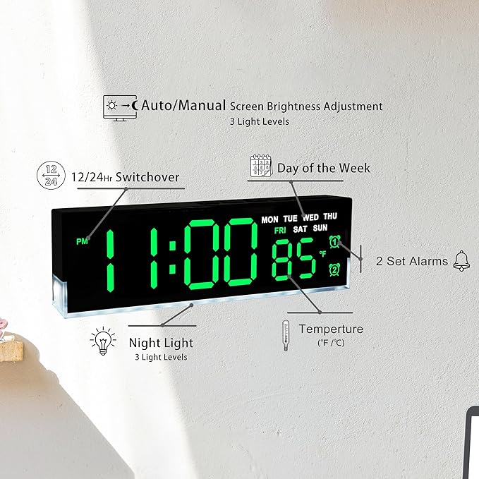 45MinST 7-Inch LED Digital Alarm Clock with Bottom Glow Light｜Displays Time, Date, Day, Temperature｜Dual Alarms, DST, Auto/Manual 3-Level Brightness, Battery or USB Powered Desk Clock,Green
