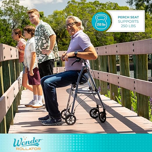 Stander Space Saver Rollator, Lightweight Folding Rolling Walker with Seat for Seniors & Adults, 4-Wheel Mobility Aid with 6-inch Wheels, Locking Brakes & Padded Seat with Backrest, Sport Red