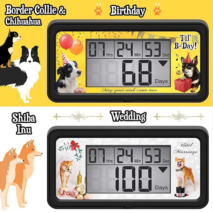 Digital 9999 Days Countdown Clock Timer with Backlight - Count Down Your Retirement, Wedding, Christmas, Vacation and All Calendar Event Dates in Your Life - Dog Collection (Black - 8 Frames)