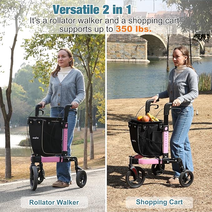 3 Wheel Walkers for Seniors, Foldable Rollator Walker with Tray & Large Storage Bag, 10" Big Wheel for All Terrain, 350 lb Weight Capacity, Pink