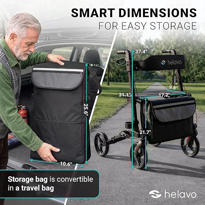 Helavo Foldable Rollator with Seat – 360° Swivel 8" Wheels, 24.8" Wide - Lightweight Aluminum Rolling Walker for Seniors and Adults with Adjustable Height