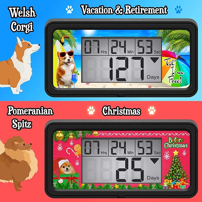 Digital 9999 Days Countdown Clock Timer with Backlight - Count Down Your Retirement, Wedding, Christmas, Vacation and All Calendar Event Dates in Your Life - Dog Collection (Black - 8 Frames)