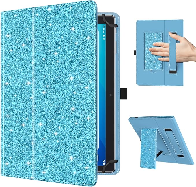 TiMOVO Universal Case for 10.1 Inch Android Tablet with Pen Loop, Lightweight Folding Stand Cover with Hand Strap for All 9.6"-11" Touchscreen Tablet, Glitter Sky Blue