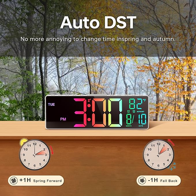JALL 10.5'' Digital Large Alarm Clock with 8-in-1 RGB Colors, Date, Month, Temperature LED, Auto DST, Modern for Desk, Wall, Living Room, Bedroom, Birthday Xmas Gift (White, 10.5 inches)