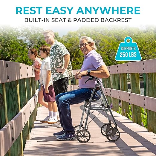 Stander Wonder Rollator Plus with 8-inch All-Terrain Wheels, Lightweight Folding Rolling Walker with Seat, Locking Brakes and Backrest, EZ Fold-N-Go-Rollator for Seniors and Adults, Black Walnut