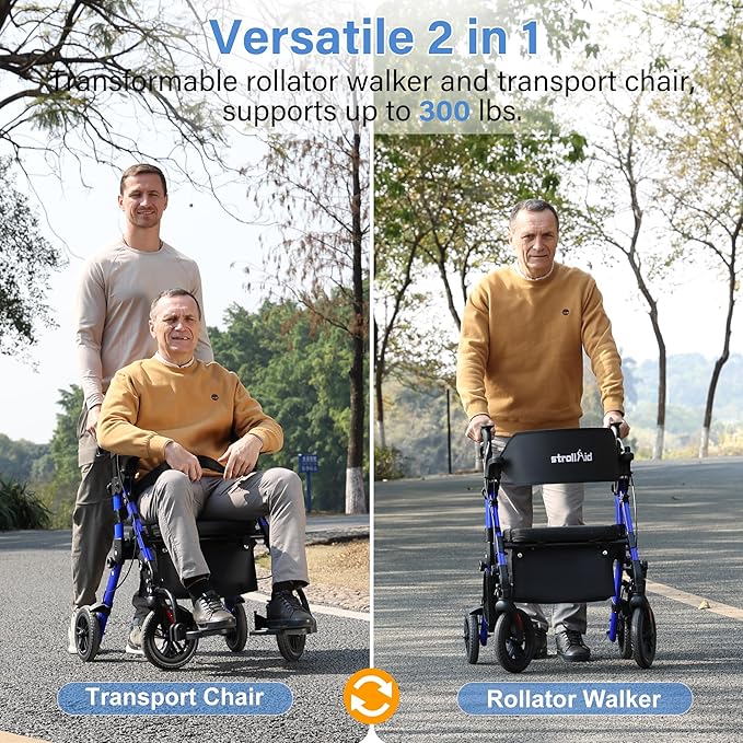 Walkers for Seniors with Seat, Walker Wheelchair Combo, 2 in 1 Rolling Walker Transport Wheelchair Lightweight Foldable, 10" Big Wheels Transport Chair with Brakes,Blue