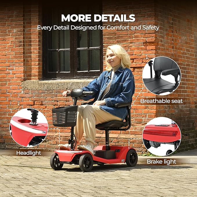 Metro Mobility 4 Wheel Foldable Mobility Scooters for Adults-330 lbs Capacity Powered Mobility Scooters, Mobility Scooter Lightweight, Electric Scooters for Seniors 20 Miles Range LED Light Red