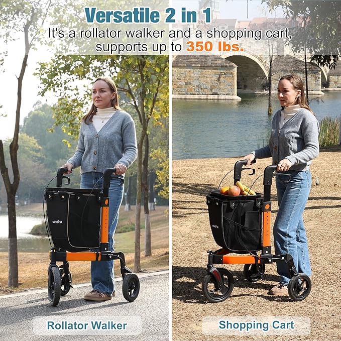 3 Wheel Walkers for Seniors, Foldable Rollator Walker with Tray & Large Storage Bag, 10" Big Wheel for All Terrain, 350 lb Weight Capacity, Orange