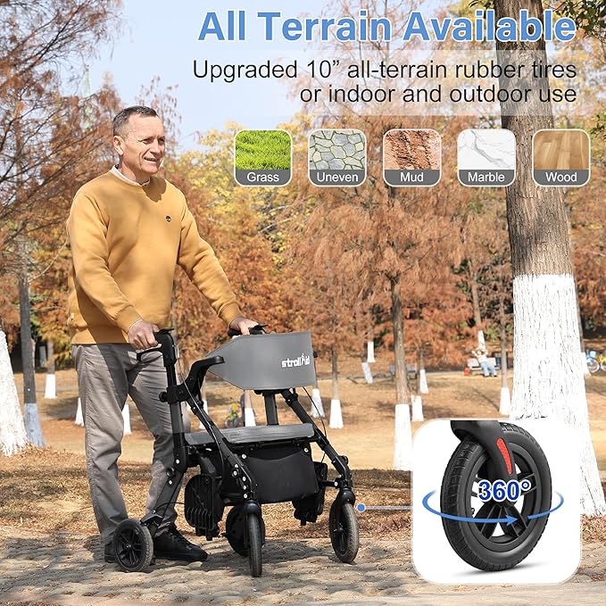 Walkers for Seniors with Seat, Walker Wheelchair Combo, 2 in 1 Rolling Walker Transport Wheelchair Lightweight Foldable, 10" Big Wheels Transport Chair with Brakes,Grey