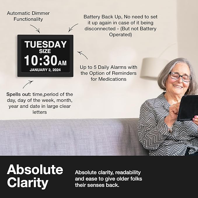 AmericanLifetime 2026 Dementia Clock 15-Inch Large Digital Calendar Custom Alarms for Seniors Black
