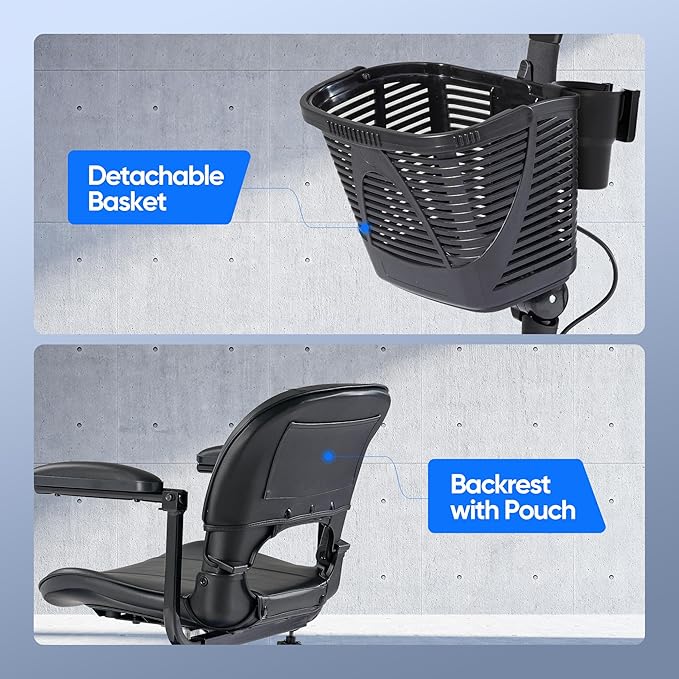 3 Wheel Mobility Scooters for Adults，Collapsible Electric Powered Wheelchair，Portable Compact Motorized Scooter for Travel，Long Range Power，Battery with Charger，Basket and Cup Holder (Black)