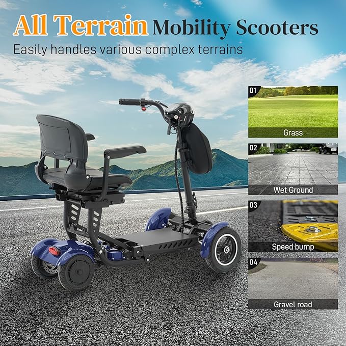 All-Terrain 4-Wheel Foldable Electric Scooter Lightweight Folding Mobility Scooter for Adults & Seniors, 25Miles Long Range, 15.6AH Lithium Battery, 3-Speed Mode, Max Load 300lbs (Standard Blue)