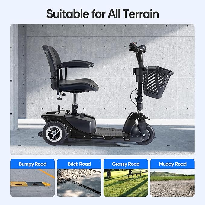 3 Wheel Mobility Scooters for Adults，Collapsible Electric Powered Wheelchair，Portable Compact Motorized Scooter for Travel，Long Range Power，Battery with Charger，Basket and Cup Holder (Black)