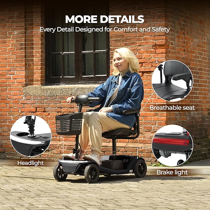 Metro Mobility 4 Wheel Foldable Mobility Scooter for Adults-330 lbs Capacity Powered Mobility Scooters, Mobility Scooter Lightweight, Electric Scooters for Seniors 10-15 Miles Range LED Light Black