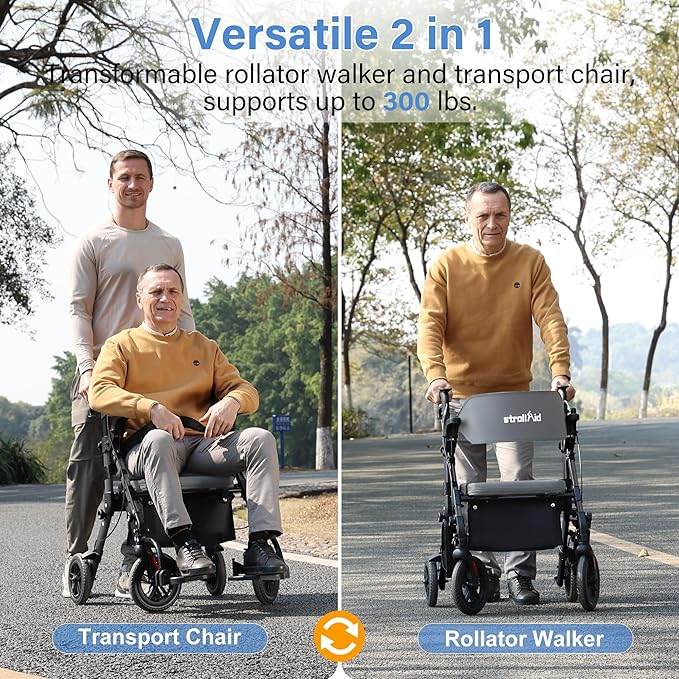Walkers for Seniors with Seat, Walker Wheelchair Combo, 2 in 1 Rolling Walker Transport Wheelchair Lightweight Foldable, 10" Big Wheels Transport Chair with Brakes,Grey