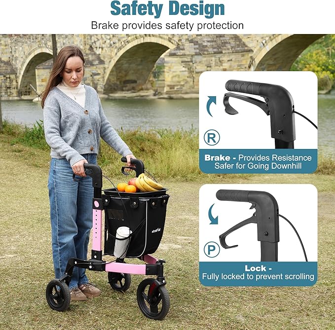 3 Wheel Walkers for Seniors, Foldable Rollator Walker with Tray & Large Storage Bag, 10" Big Wheel for All Terrain, 350 lb Weight Capacity, Pink