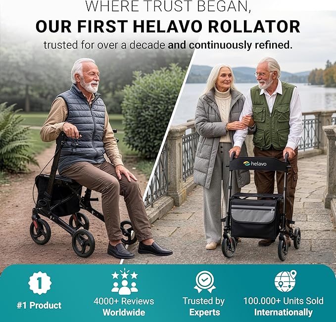 Helavo Foldable Rollator with Seat – 360° Swivel 8" Wheels, 24.8" Wide - Lightweight Aluminum Rolling Walker for Seniors and Adults with Adjustable Height