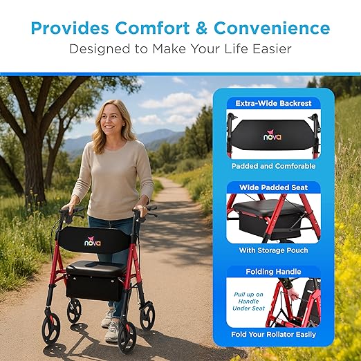 NOVA Star 8 Foldable Rollator Walker for Seniors, 400 lb Weight Capacity, Wide Padded Backrest with Seat, 8” All-Terrain Wheels, Easy-Grip Locking Hand Brakes, Height Adjustable, Red