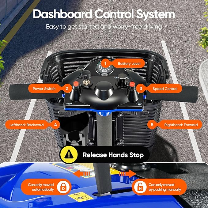 3 Wheel Mobility Scooters for Adults，Collapsible Electric Powered Wheelchair，Portable Compact Motorized Scooter for Travel，Long Range Power，Battery with Charger，Basket and Cup Holder (Blue)